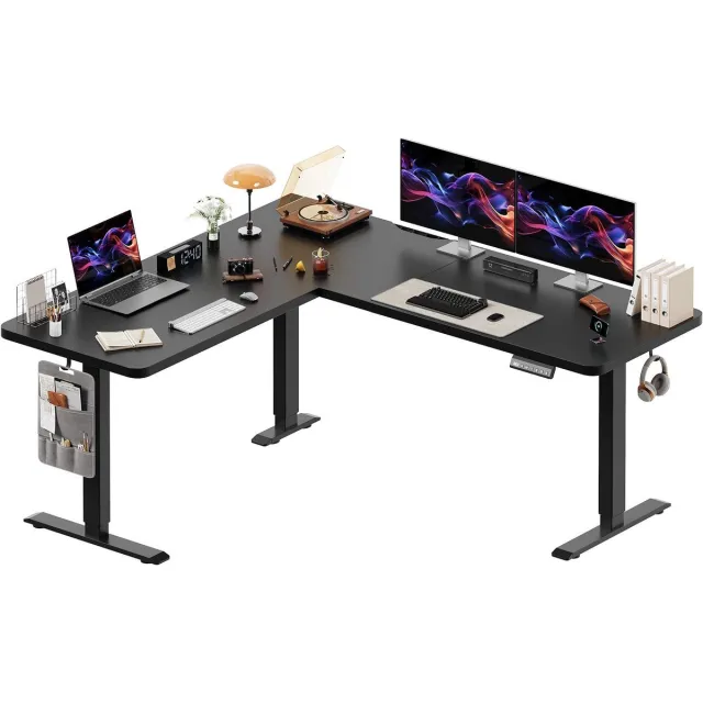 Devoko Elektrisch Verstelbaar Hoekbureau 160 × 140 cm – L-vormig Zit-Sta Bureau met 20 mm Dik Bureaublad – 100 kg Draagvermogen, 3 Geheugenstanden en Kabelmanagement – Zwart