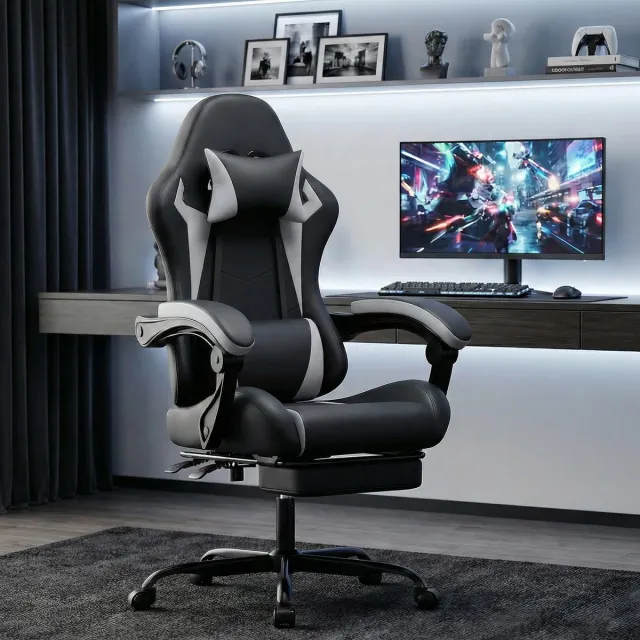 MODENUIT Gamingstoel 127 x 66 cm - Ergonomisch met Hoofdsteun - Voor Werk en Gamen - Kunstleer Zwart-wit