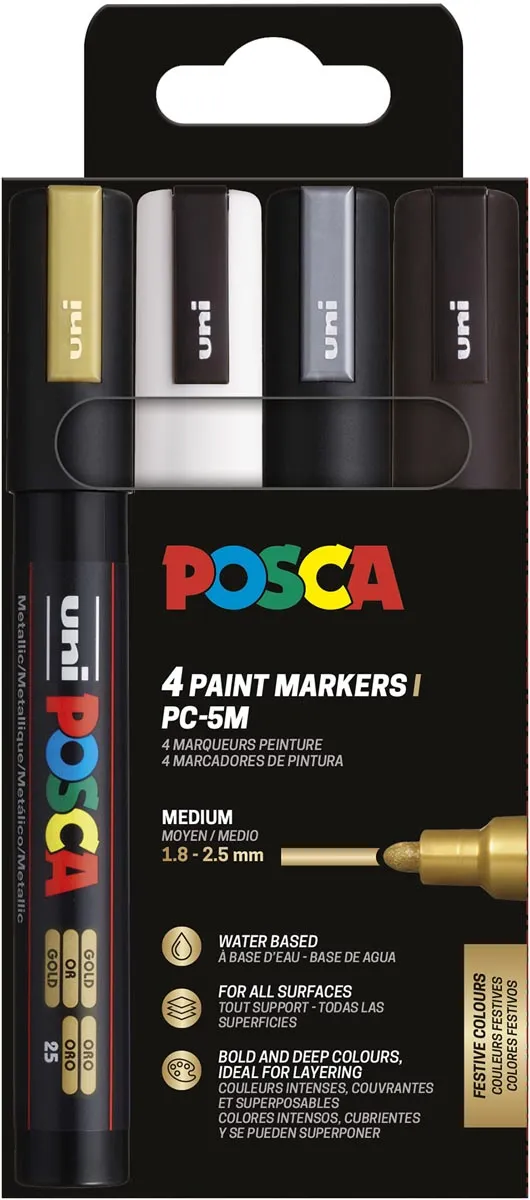 Posca Uni POSCA paintmarker PC-5M, 1,8 - 2,5 mm, etui van 4 stuks goud, wit, zilver en zwart