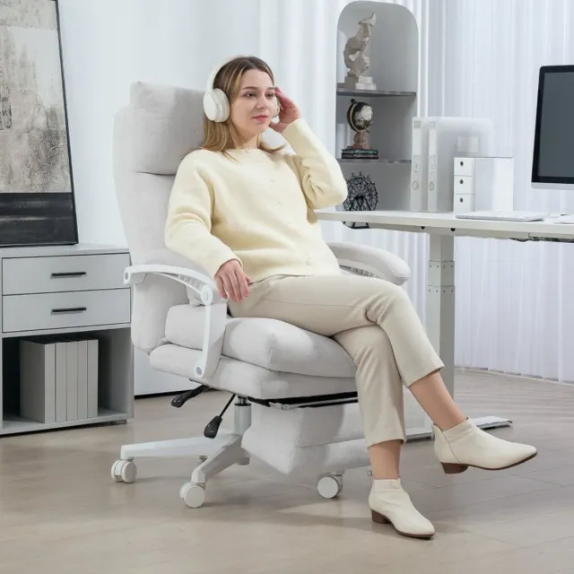 MODFU Bureaustoel-Ergonomisch-Hoge Rugleuning-Voetsteun-Draaibaar-Cremewit-Stof Crèmewit