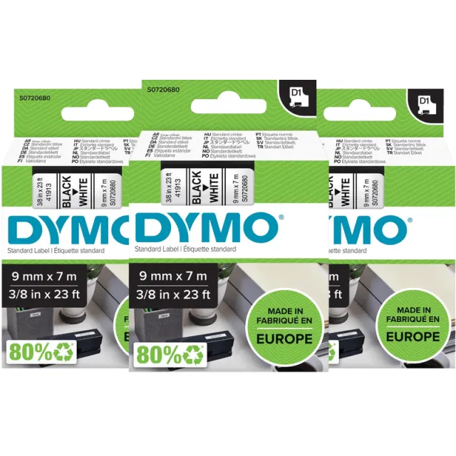 Dymo D1 9mm x 7m Zwart Wit Labels 3-pack