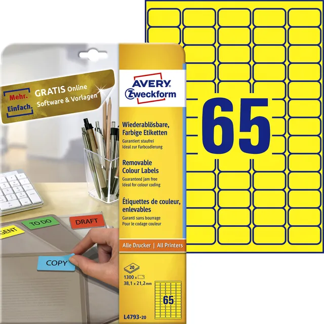 Avery Zweckform Etiket Avery L4793-20 38.1x21.2mm geel 1300 stuks