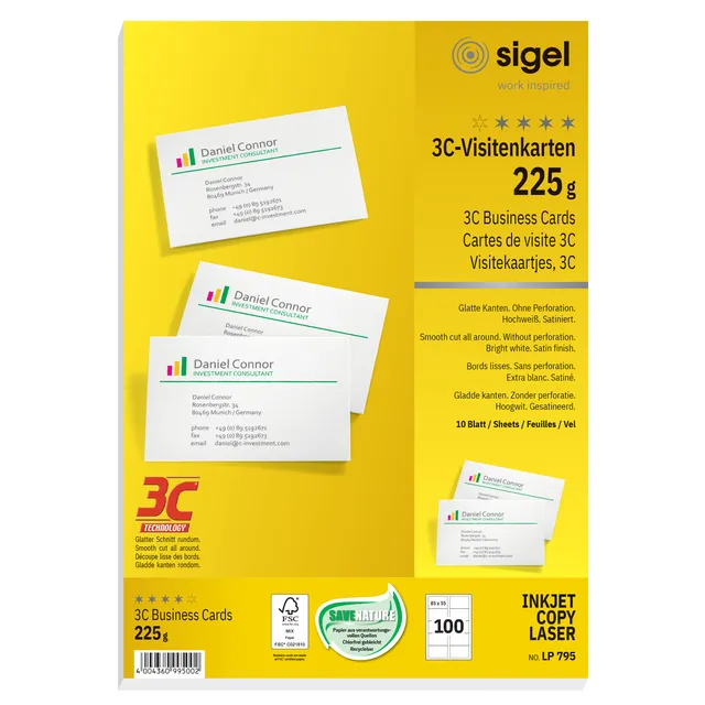 Sigel Visitekaart Sigel 85x55mm 225gr gladde zijden wit 100 stuks