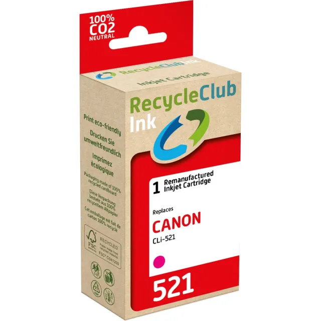 RECYCLECLUB inktcartridge - Inktpatroon - Geschikt voor Canon - Alternatief voor Canon CLi-521 Magenta - Rood 9ml - 740 pagina's