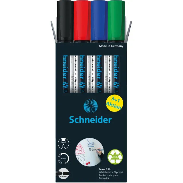 Schneider Maxx 290 whiteboardmarker, 3 + 1 gratis, assorti blauw