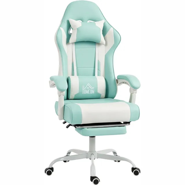 MUVANO Gamingstoel met lendenmassage - Uitschuifbare voetensteun - Kantelbare rugleuning - 63 x 66 x 126-134 cm - Zithoogte verstelbaar - Voor gamen Mintgroen en wit