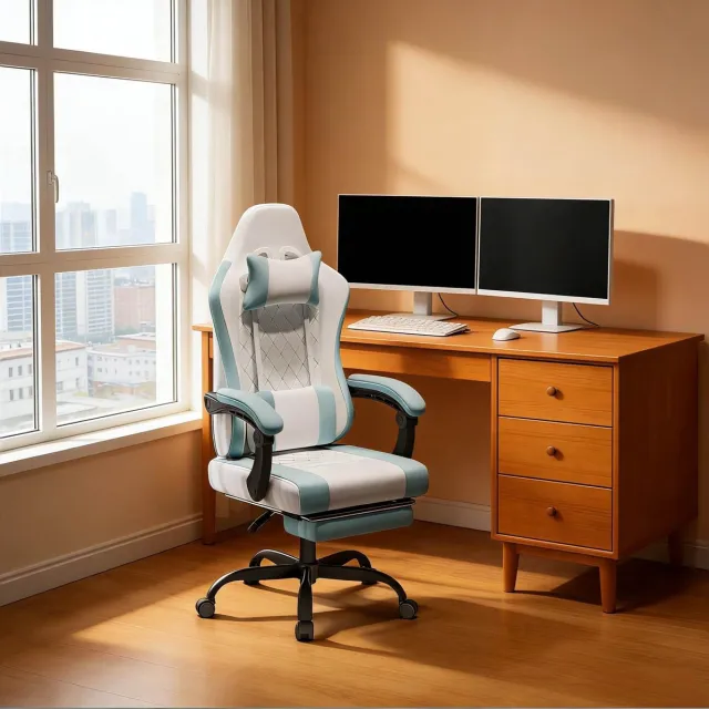 Wishdor gamingstoel 70 x 70 x 127 cm draaibaar met massage-lendenkussen en hoofdsteun blauw wit mesh metaal