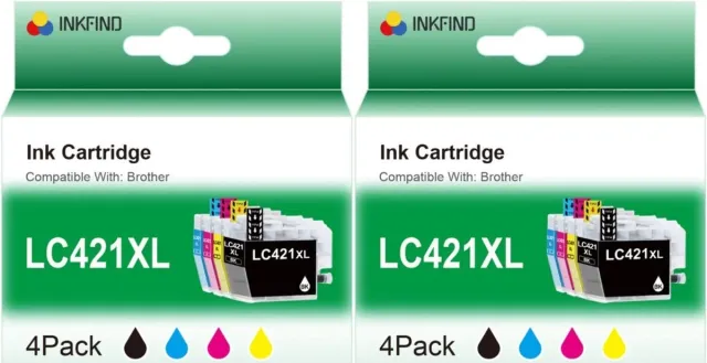 INKFIND LC421XL inktcartridges voor BrotherLC421 BrotherLC421XL Brother LC421 LC421XL Multipack van 8 stuks (2 x 4pack= 2 x Zwart, 2 x Cyaan, 2 x Magenta, 2 x Geel) geschikt voor Brother DCP J1140DW J1050DW J1800DW MFC J1010DW Zwart x 2, Cyaan x 2, Magenta x 2, Geel x 2