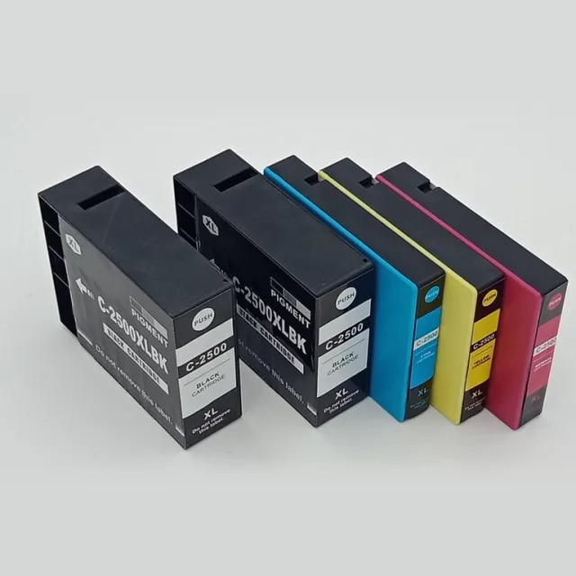 KATRIZ huismerk inkt voor|Canon PGI 2x 2500XL Zwart + 1x 2500XL Cyaan + 1x 2500XL Magenta + 1x 2500XL Geel|(Pigment ink)|5stuks| Met chip Zwart, Cyaan, Magenta, Geel