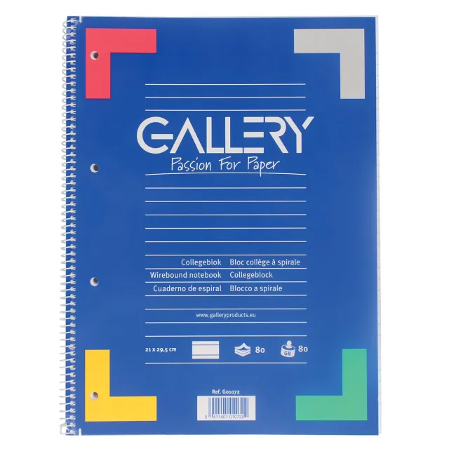 Gallery spiraalblok ft A4, gelijnd, 80 vel, 4-gaats blauw