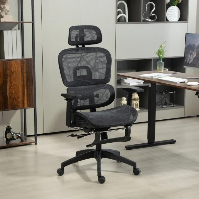 DESMIU Bureaustoel 66 x 64 x 114-122 cm - Ergonomisch Met Hoofdsteun, Lendensteun, Voetsteun En Ligfunctie - Voor Kantoor En Thuiswerkplek - Mesh Zwart