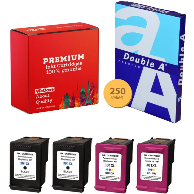 WeCare 4-pack Geschikt voor HP 301XL Inktcartridges + pak DoubleA papier - Geschikt voor HP Deskjet 1000 - 3510 - HP Envy 4500 - 5530 - Officejet 2620 - 4630 Multipack 2x Zwart + 2x Kleur