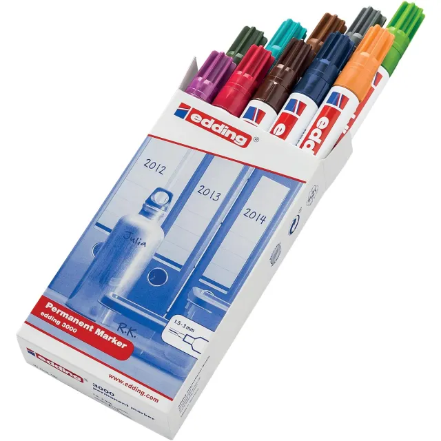 Edding permanent marker 3000, doos met 10 stuks in geassorteerde kleuren blauw