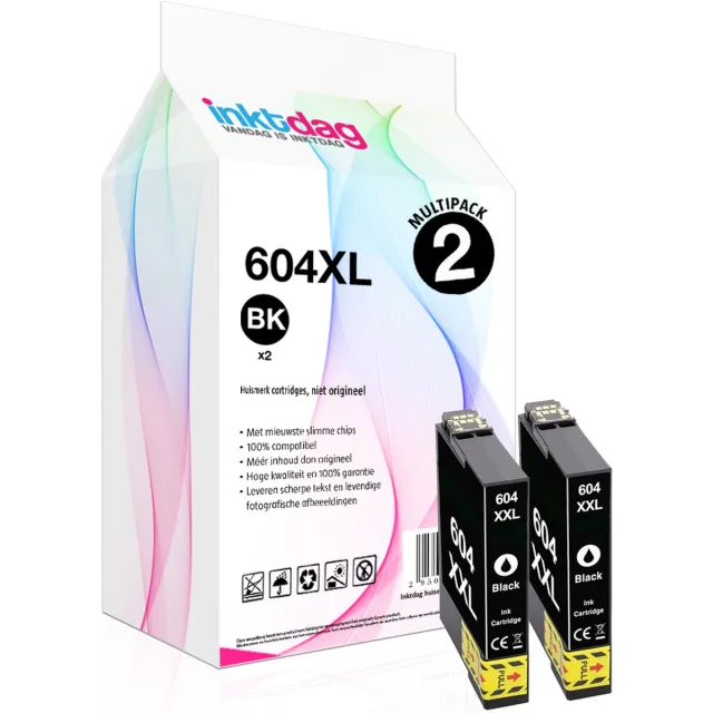 inktdag inktcartridges voor Epson 604XL Zwart, Epson 604 black cartridge x 2 stuk voor Epson Expression Home XP-2200 XP-2205 XP-3200 XP-3205 XP-4200 XP-4205 Workforce WF-2910 WF-2930 WF-2935 WF-2950