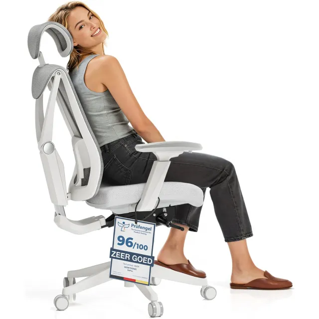 Desktronic SitPro Ergonomische Bureaustoel - Bureaustoelen voor volwassenen - Bureau stoel voor kantoor, gaming - 5D lendensteunsysteem - Armleuningen 4D - Rugleuning 90° tot 135° - heeft BIFMA en .IGR ergonomiecertificering - Grijs