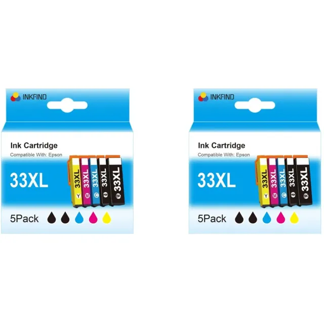 INKFIND 33XL inktcartridge voor Epson 33XL T3351 T3361 T3362 T3363 T3364 inktcartridge multipack 10 stuks (2*5pack=Zwart x 2, foto zwart x 2, Cyaan x 2, Magenta x 2, Geel x 2) voor Epson Expression Premium XP-530, XP-540, XP-630/635/640/645/830/900