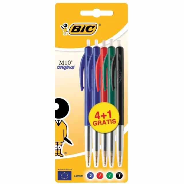 Bic balpen M10, blister 4 + 1 gratis in geassorteerde kleuren