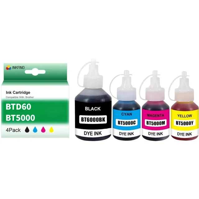 INKFIND BTD60BK BT6000 BT5000 inkt geschikt voor Brother BTD60BK BT6000 BT5000 Refill ink 4-kleuren multipack voor Brother DCP-T300 Brother DCP-T310 Brother DCP-T500W T510W Brother DCP-T700W Brother DCP-T710W MFC-T800W Brother MFC-T4500DW HL-T4000DW 1 x Zwart * 135ml, 1 x Cyaan 100ml, 1 x Magenta 100ml, 1 x Geel 100ml