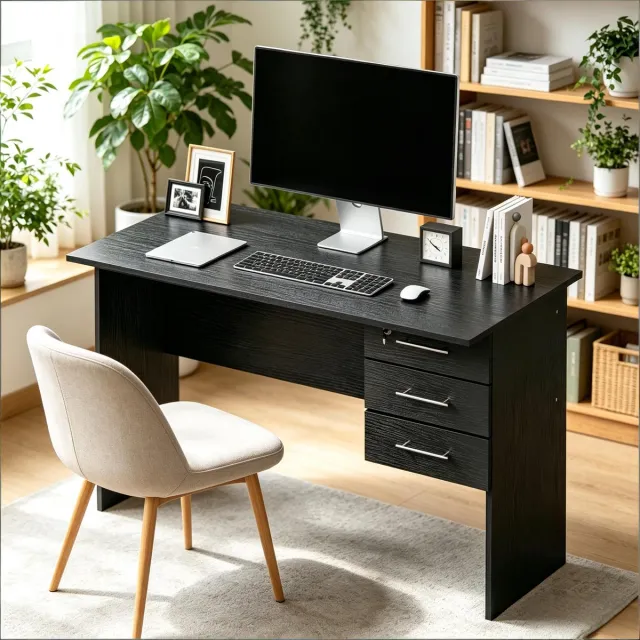 DESMIU Bureau - Moderne Computerbureau Met 3 Lades En Slot - Voor Werken En Studeren - Hout - Zwart - 120 X 60 X 75 Cm