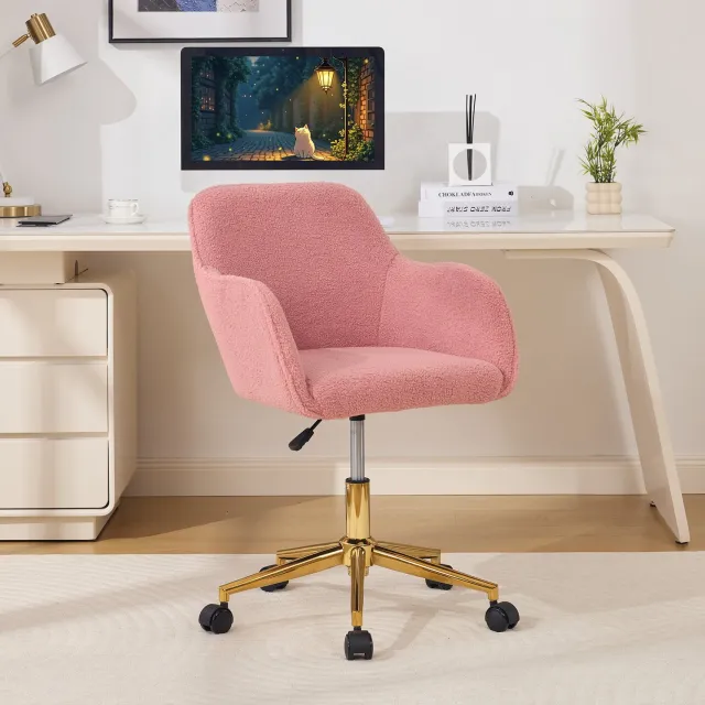 WUVRIE Bureaustoel 58x58x86 cm - Met vaste armleuningen, teddy-stof en wielen - Roze