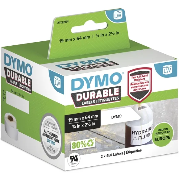 Dymo Etiket Dymo LabelWriter industrieel 19x64mm 2 rollen á 450 stuks wit