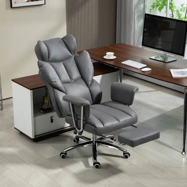 OKWISH Bureaustoel 74 x 65 x 120 128 Cm - Met Verstelbare Rugleuning, Voetsteun, Hoofdsteun En Wielen - Voor Bureau En Thuiskantoor - Stof - Donkergrijs