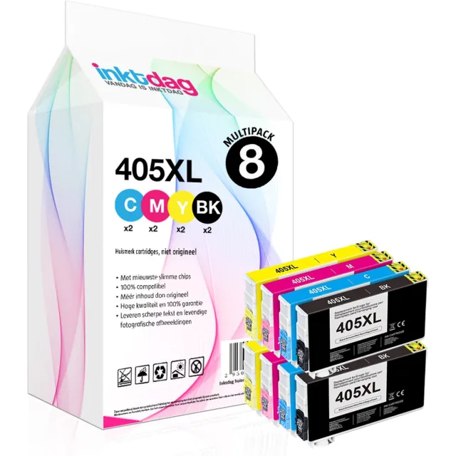 inktdag inktcartridge voor Epson 405XL Multipack van 8 stuks - Met Chip - Epson 405xl - Voor Printers: Epson WorkForce Pro WF-3820 DWF - WF-3825 DWF - WF-4820 DWF - WF-4825 DWF - WF-4830 DTWF - WF-7830 DTWF - WF-7835 DTWF - WF-7840 DTWF 2 x Zwart (25 ml)