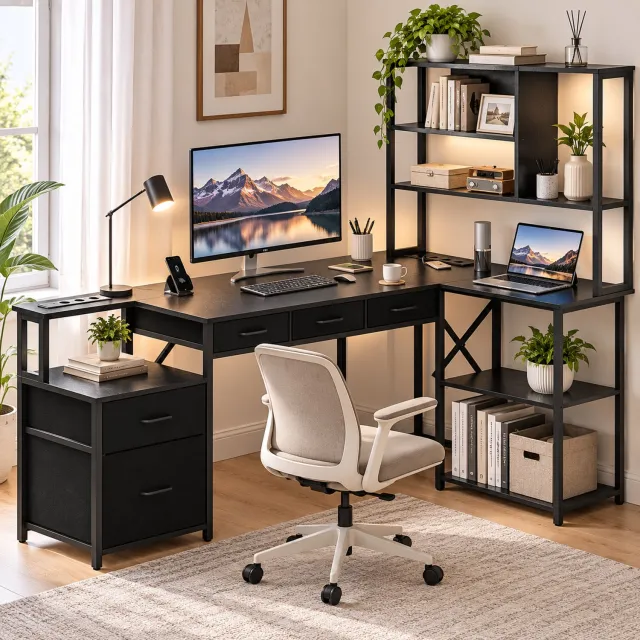 Parasha Nova Bureau - Hoekbureau L-vormige computertafel met stopcontacten USB-gamingtafel werktafel met boekenplank toetsenbordlade printerstandaard printerplank modern thuiskantoor gaming hoekbureautafel ruimtebesparend stevig, zwart