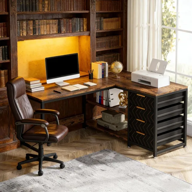 FloraGrace Bureau - L-vormig Hoekbureau Met 4 Laden En 2-Laags Rek - Omkeerbaar Voor Thuiswerk En Kantoor - Metaal En Hout - 150x110x75 Cm Black