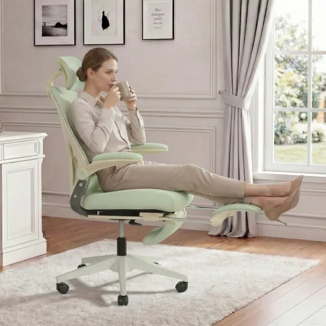 DESMIU Ergonomische Bureaustoel 129 cm - Opklapbare Rugleuning Met 3D Hoofdsteun - Voor Werk Studie En Spelen - Netstof Groen