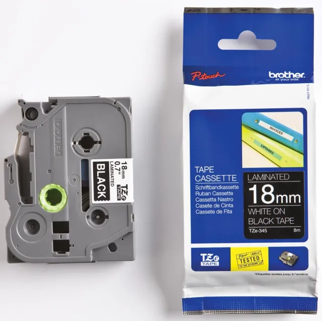 Brother TZ-345 18mm - white on black - laminated (8m) zwart