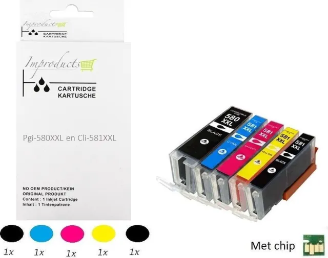 Improducts Inkt cartridge voor Canon PGI-580 XXL / CLI-581 XXL, Canon 580xl/581xl, multipack van 5 kleuren alleen geschikt voor Printers: TS705 TR7550 TR8550 TS6150 TS6151 TS6250 TS6251 TS6350 TS8150 TS8151 TS8152 TS8250 TS8251 TS8252 TS8350 Multipack - 2x Zwart, 1x Cyaan, 1x Magenta, 1x Geel