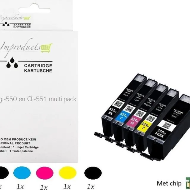 Improducts Inkt cartridges -Alternatief Canon PGI-550XL / CLI-551XL, 550 xl 551 multipack alleen geschikt voor Pixma IP7250, IP8750, IX6850, MG5450, MG5550, MG5600, MG5650, MG5655, MG6350, MG6450, MG6600, MG6650, MG7150, MG7550, MX720, MX925 Multicolor - 5 stuks - Chip 2.0