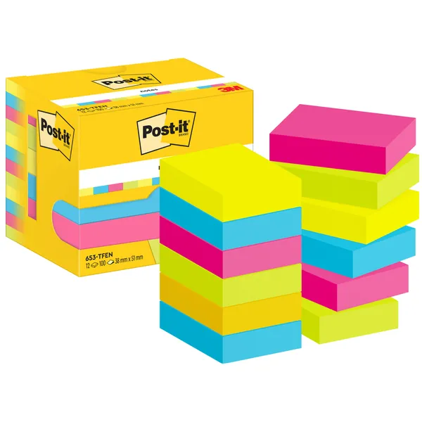Post-It Memoblok 3M Post-it 653 38x51mm neon assorti kleur 12 stuks