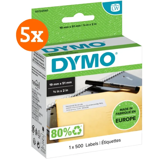 Dymo Verwijderbaar Etiket 19 x 51 mm 500 stuks 5-pack