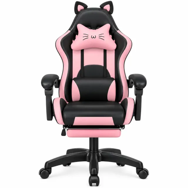 VILIMA Bureaustoel - Gamestoel - Ergonomische ondersteuning - PU-leer - Schattige kattenstijl - Optimaal comfort - Incl. voetensteun - Roze en zwart