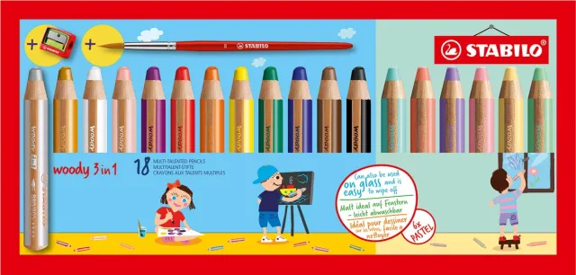 Stabilo woody 3in1 kleurpotlood, etui van 18 stuks in geassorteerde kleuren + slijper + penseel