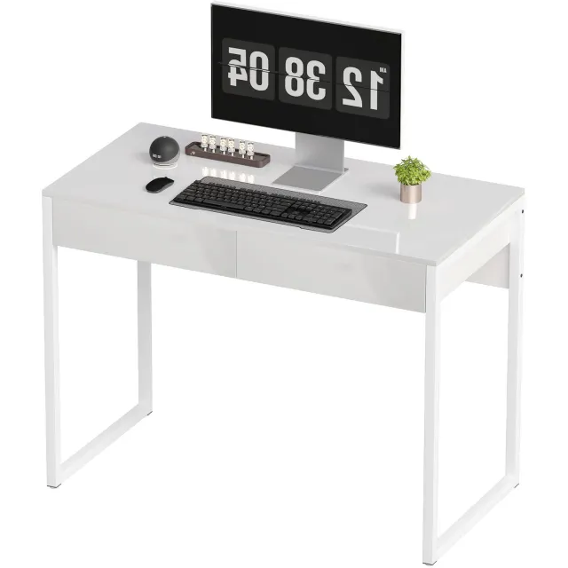Lunpog Bureau 100x50 cm met 2 laden - voor kleine ruimtes - wit | Computertafel - kantoortafel - stalen frame - thuiskantoor