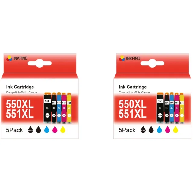 INKFIND 550XL 551XL inktcartridge voor Canon PGI550XL CLI551XL PGI-550XL CLI-551XL inktcartridge multipack 10 stuks (2*5pack = foto Zwart x 2, Zwart x 2, Cyaan x 2, Magenta x 2, Geel x 2)