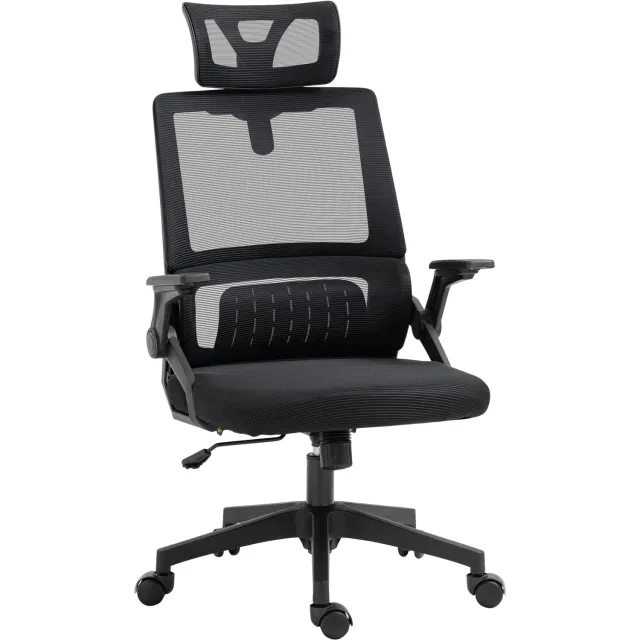 Vinona Bureaustoel - Met verstelbare hoofdsteun en lendensteun - In hoogte verstelbaar - Met kantelfunctie en mesh-bekleding - 60 x 61 x 104,5-121,5 cm - Zwart