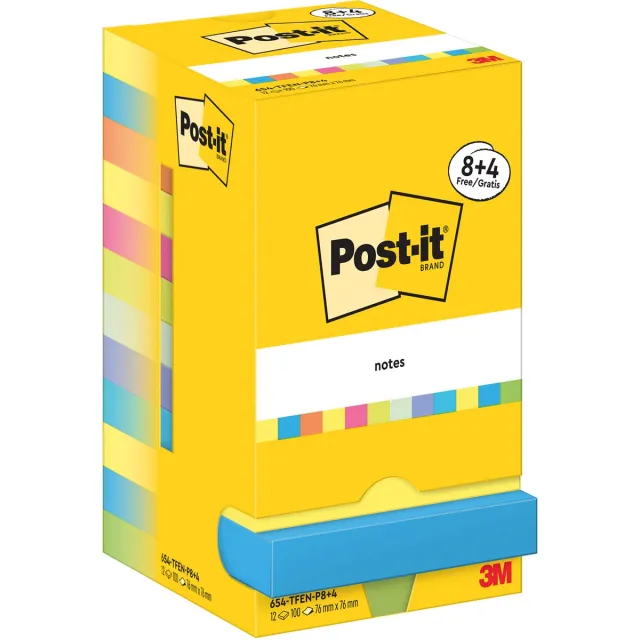 Post-It Notes Energetic, 100 vel, ft 76 x 76 mm, 8 + 4 GRATIS