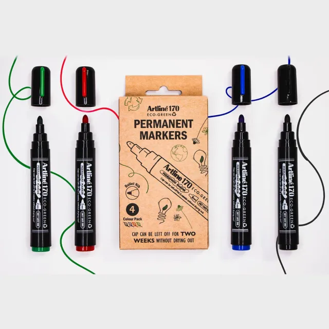 Artline permanent marker Drysafe 170 Eco-Green, 2 mm, ronde punt, assortie, blister van 4 stuks blauw