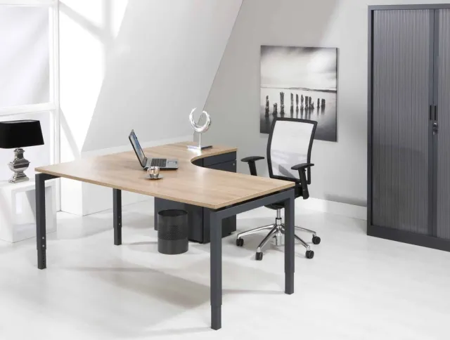 ABC Kantoormeubelen Hoogte verstelbaar wingbureau 4-poot Kubus breed 160CM diep 120CM bladkleur Beuken framekleur Antraciet (Ral 7016) wingzijde Links Antraciet (Ral 7016)/Beuken