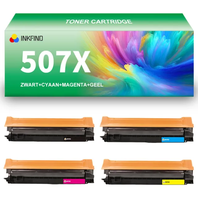 INKFIND 507X (CE400X-CE401A-CE403A-CE402A) tonercartridge multipack van 4 stuks (Zwart+Cyaan+Magenta+Geel) compatibel met HP 507X 507A (CE400X/CE400A-CE401A-CE403A-CE402A) voor HP LaserJet Enterprise 500 Color M551dn, M551n, M551xh 4-pack BK/C/M/Y Zwart x1, Cyaan x 1, Magenta x 1, Geel x 1