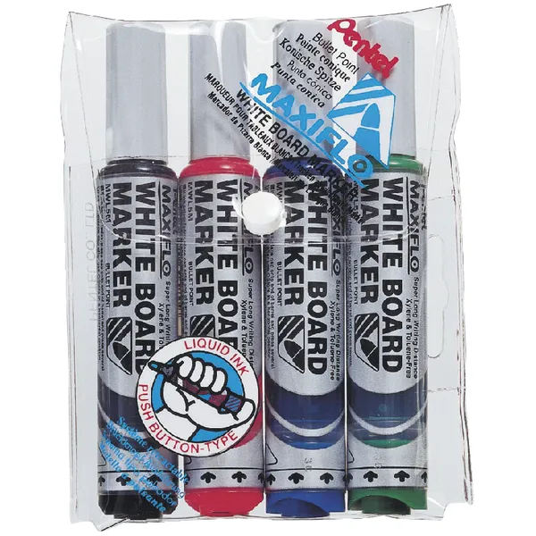Pentel Viltstift Pentel MWL5M Maxiflo whiteboard rond 3mm assorti set à 4 stuks