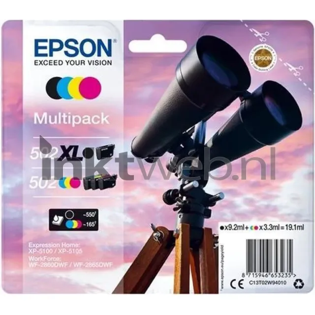 Epson 502XL / 502 Multipack zwart en kleur (Origineel) Zwart;Cyaan;Magenta;Geel