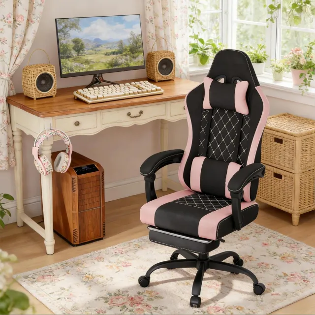 REDOM Gamingstoel - Massage lendenkussen en verstelbare hoofdsteun - 360° draaibaar en kantelbare rugleuning - Mesh en metaal - Zwart roze - 70 x 70 x 127 cm