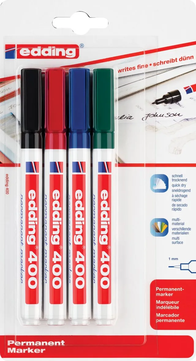 Edding permanent marker 400 blister van 4 stuks in geassorteerde kleuren blauw