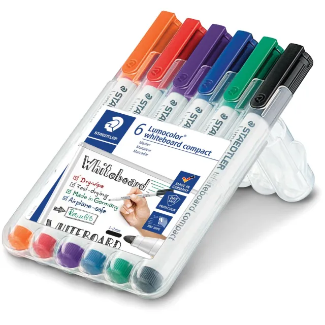 Staedtler whiteboardmarker Lumocolor Compact, opstelbare box met 6 stuks in geassorteerde kleuren blauw