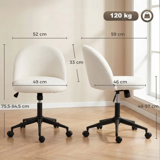 OKWISH Bureaustoel - 52 Cm - Draaibaar, Hoogteverstelbaar En Met Wielen - Voor Kantoor Of Thuiswerkplek - Polyester - Cremewit Cream White